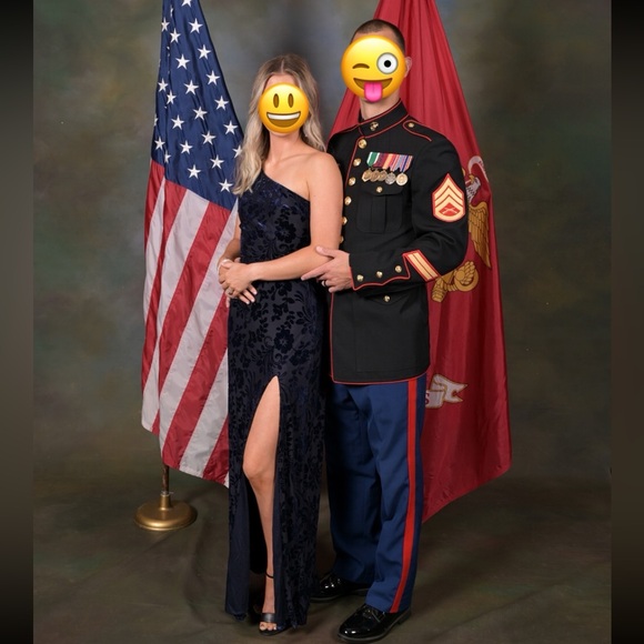 Marvelous Moi Navy Blue Burnout Velvet One-Shoulder Maxi Dress - Picture 4 of 7